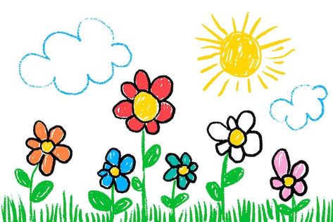 Vector child drawing flowers and sky pai... | Premium Vector #Freepik #vector #painting #hand-made #hand-drawing #hand-draw Sun And Flowers Drawing, Hand Painting Kids, Nursery Branding, Draw Sun, Vector Painting, Drawing Children, Drawing Sky, Child Drawing, Dibujo Simple