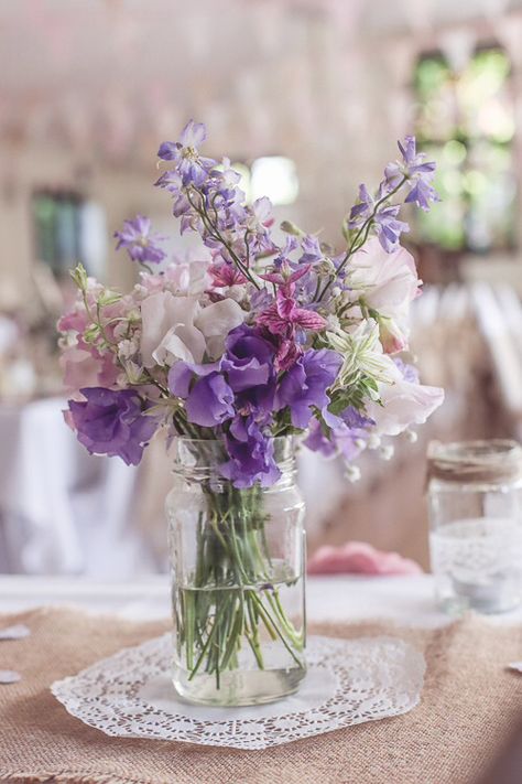 Wedding Flowers Table, Purple Mason Jars, Cottage Flowers, Violet Wedding, Purple Wedding Theme, Flowers In Jars, Lilac Wedding, Simple Centerpieces, Purple Wedding Flowers