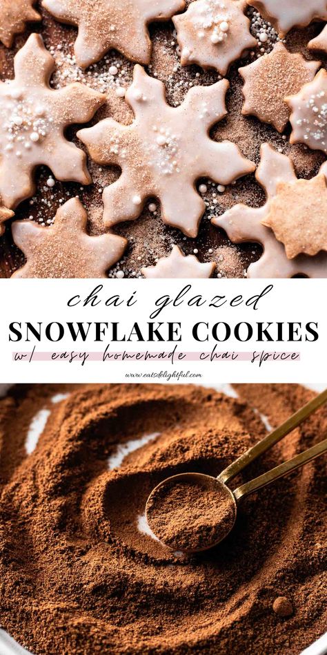 2 stacked images: top image of glaze snowflake cookies on wooden serving plate and bottom image of chai spice in plate Spiced Cookies Christmas, Gluten Free Chai Cookies, Vanilla Chai Cookies, Winter Cookie Recipes, Winter Cookies Recipes, Stamp Cookies Recipe, Homemade Chai Spice, Chai Spice Blend, Chai Recipes