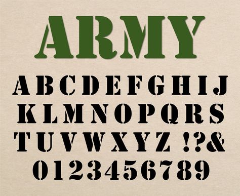 Army font can be used for a wide range of projects. You can create gifts, fashion designs, gift cards, stickers, party decorations and more. These stencil army letters are great for creating T-shirts, mugs, prints, and signs Army Font Alphabet, Camp Font, Army Stencil, Army Font, Army Letters, Stencil Lettering, Army Design, Stencil Letters, Fonts Cricut