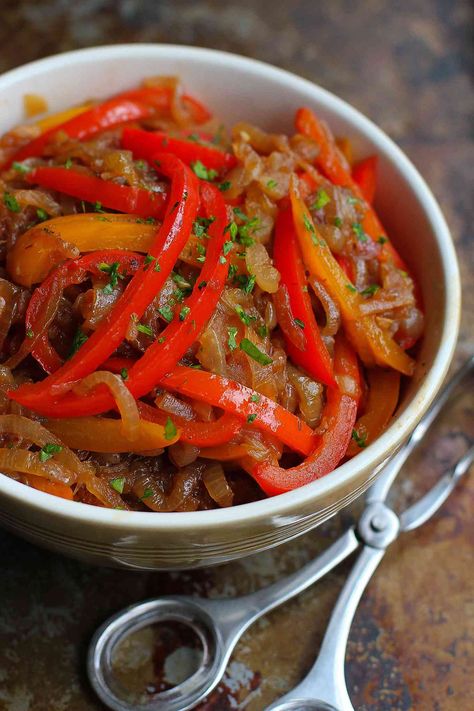 These balsamic peppers and onions are so easy and so good that we often make a double batch and store the leftovers in the freezer for another meal. Recipes With Peppers And Onions, Recipes With Peppers, Grilled Sausage, The Leftovers, Food Favorites, Onion Recipes, Peppers Recipes, Peppers And Onions, Vegetable Sides