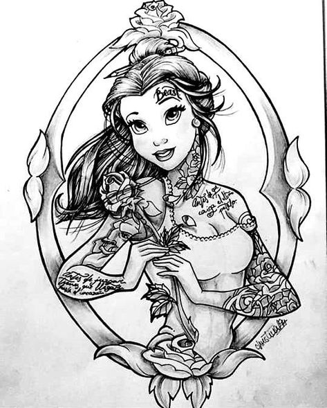 Punk Princess Tattoo, Gothic Disney Princesses Coloring Pages, Disney Pinup Tattoos, Dark Disney Coloring Pages For Adults, Dark Disney Princess Tattoos, Tattooed Disney Characters, Tattooed Disney Princesses, Dark Disney Tattoos, Emo Disney Princess