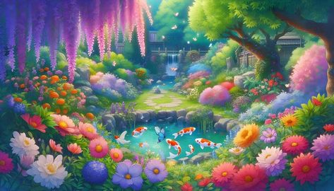 Premium Photo | An enchanted garden with vibrant flowers butterflies and a small pond with koi fish Garden With Koi Pond, Pond With Koi Fish, Whimsical Flower, Small Pond, Small Ponds, Vibrant Flowers, Enchanted Garden, Koi Pond, Vibrant Flower