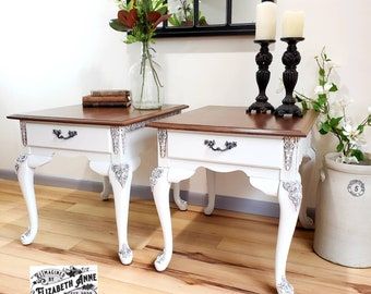 Refinished End Tables, French Provincial Nightstands, Antique End Tables, End Table Makeover, Chalk Paint Furniture Diy, Bedroom Nightstands, Side Table Makeover, White End Tables, Antique Side Table