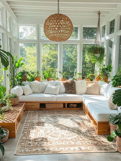 Unique Sunroom Ideas, Earthy Sunroom Ideas, Sunroom In House, Cool Sunroom Ideas, Sunrooms With Plants, Exposed Brick Sunroom, Sunroom Sitting Area, Cottage Core Sunroom, Green Sunroom Ideas