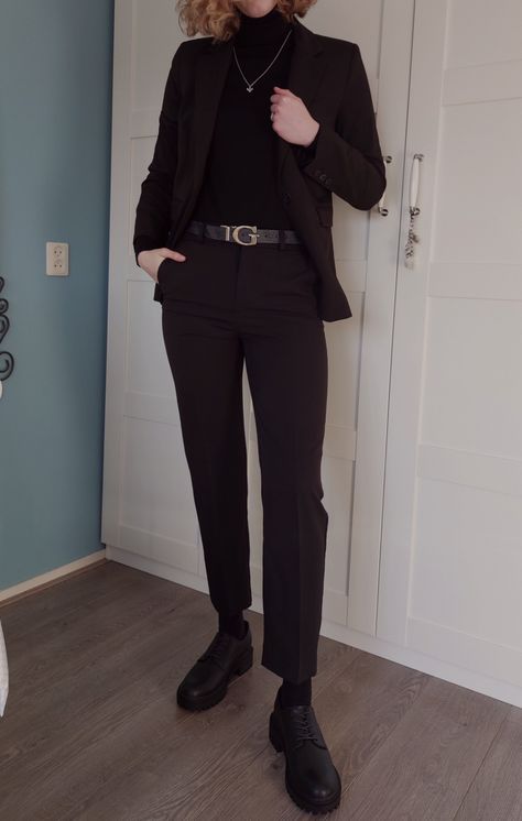 Girl wearing an all black suit with a black turtleneck and laced-up shoes. Turtle Neck Suits Men, Turtle Neck Prom Outfit Men, Turtle Neck Outfit Men Suit, Black Turtleneck Outfit Layering, Boyfriend Types, Turtle Neck Outfit Men, Prom Outfits Men, Suit Turtleneck, Turtleneck Outfit Layering