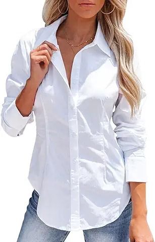 Amazon.com : white collared shirt Long Sleeve Dress Shirts, Shirt Wrinkles, Black Button Up Shirt, Corset Tops, Women's Button Down Shirt, Shirts Long Sleeve, White Button Down Shirt, Free Dresses, Fitted Blouses