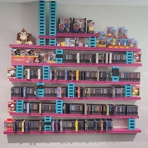 Video Game Shelf, Video Game Organization, Game Shelf, Geek Home Decor, Games Room Inspiration, Video Game Wall Art, Nerd Room, Nerd Cave, Retro Games Room