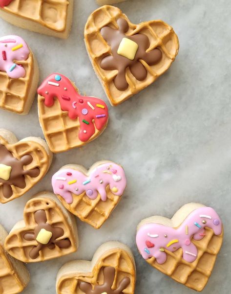 Waffle heart cookies Heart Cookies, Cookies Decorated, Royal Icing, Sprinkles, Frosting, Waffles, Valentines Day, Valentines, Valentine's Day