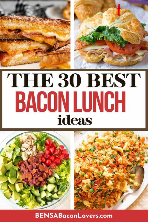 Two bacon sandwiches, a green salad with chicken and bacon, and bacon fried rice. Bacon Recipes For Dinner Sandwiches, Lunch With Bacon Ideas, Turkey Bacon Lunch Ideas, Bacon Lunch Recipes, Lunch Ideas With Bacon, Lunch Recipes With Bacon, Bacon Breakfast Sandwich Recipes, Bacon Lunch Ideas, What To Make With Bacon