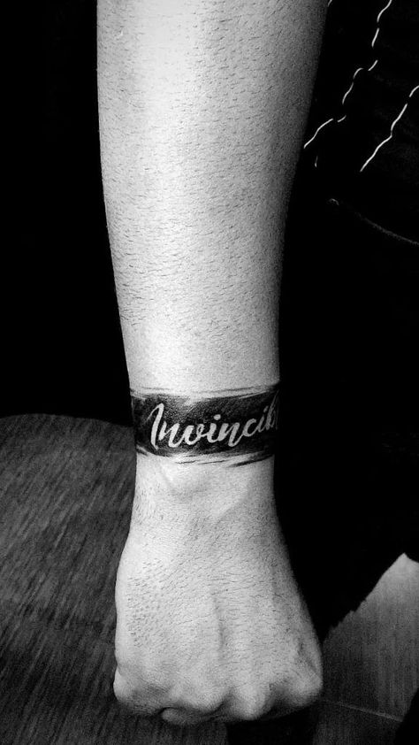 Invincible Tattoo Words, Invincible Tattoo Design, Invincible Tattoo, Armband Tattoo Mann, Hand Band Tattoo, Band Tattoo Ideas, Herren Hand Tattoos, Armband Tattoos For Men, Band Tattoos For Men