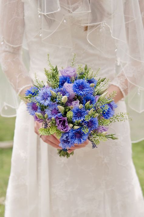 16 "Something Blue" Just For You Cornflower Wedding Bouquet, White Astrantia, Cornflower Wedding, Cornflower Blue Wedding, Bells Flowers, Purple Lisianthus, Lisianthus Flowers, Bouquet Champetre, Wedding Flower Guide