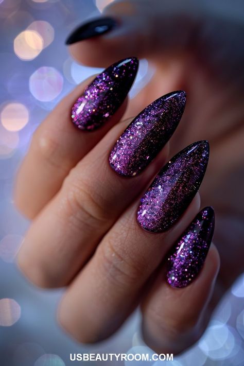 These sparkling violet glitter nails are perfect for adding a touch of magic to your summer ensemble. The rich violet base color is adorned with shimmering glitter, catching the light beautifully and adding a dazzling effect. Almond Nails Designs Purple, Elegant Summer Nails, Summer Nails Ideas, Witchy Nails, Summer Nail Designs, Elegant Nail Art, Formal Nails, Purple Nail Designs, Fancy Nails Designs