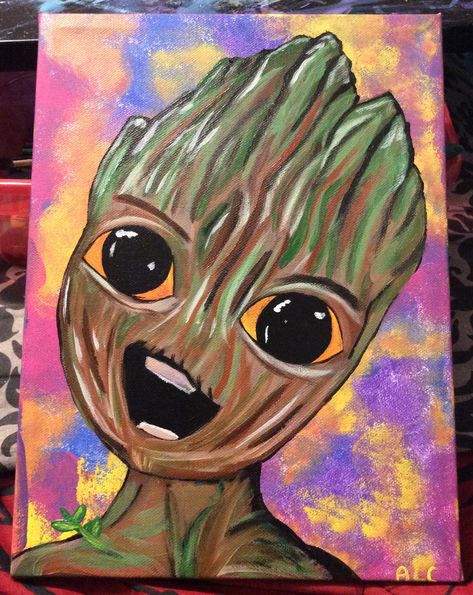 Acrylic on canvas- Lil Groot Guardians of the Galaxy. Guardians Of The Galaxy Painting, Groot Painting, Galaxy Canvas Painting, Groot Guardians Of The Galaxy, Galaxy Canvas, Groot Guardians, Artsy Ideas, Kids Painting, Galaxy Painting