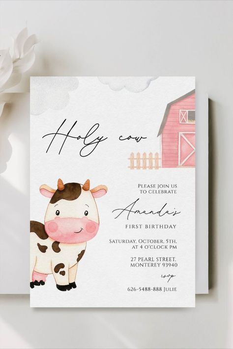 Farm Animals Birthday Party Invitations, Cow 1st Birthday, Cow First Birthday, Barn Birthday Party, Farm Party Invitations, Girls Farm Birthday, Donut First Birthday, Farm Invitation, Cow Birthday Parties