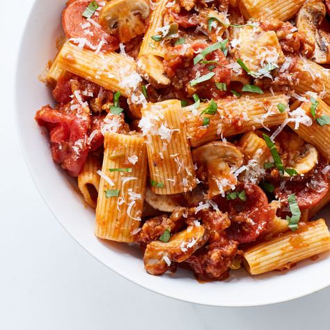 Rigatoni with Pizza Accents Best Rigatoni Recipe, Homemade Quotes, Rigatoni Recipes, Eggplant Pasta, Mozzarella Pasta, Hot Sausage, Quotes Poster, Stewed Tomatoes, Fettuccine Alfredo