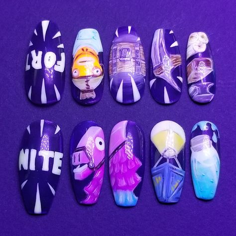 Fortnite Nails Designs, Fortnite Nails, Uñas Ideas, Halloween Nails Diy, Purple Acrylic Nails, Purple Acrylic, Nails 2021, Nails Diy, Get Nails