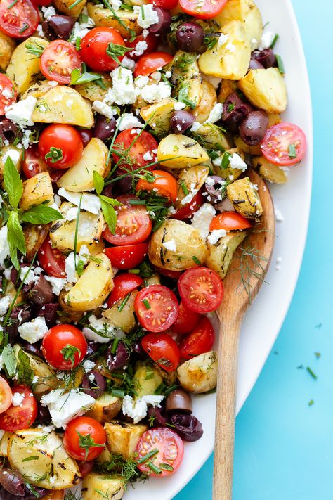 Greek Potato Salad with feta, kalamata olives, and lots of fresh summer herbs. The PERFECT summer salad! Baby potatoes are roasted with lemon, mixed with the rest of the ingredients, and drizzled with the simplest lemon olive oil dressing. SO good! #babypotatoes #newpotatoes #potatosalad #roastedpotatoes | thehealthfulideas.com Greek Potato Salad, Potato Salad Recipe, Greek Salad, Salad Recipe, Feta Cheese, Potato Salad, Feta, Tomatoes, Potato