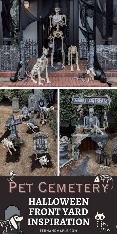 Halloween Animal Skeletons, Skeleton Stand Diy, Diy Halloween Pet Cemetary, Diy Pet Cemetery Halloween, Halloween Petting Zoo Ideas, Too Late Petting Zoo Halloween, Outdoor Cemetery Halloween, Dog Themed Halloween Decorations, Scary Halloween Porch Ideas