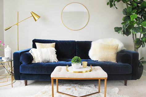 A fun loft area with a blue velvet sofa, available from an affordable high-quality online furniture resource. Blue Velvet Sofa Living Room, Blue Couch Living, Blue Sofa Living, Sofa Scandinavian, Blue Sofas Living Room, Velvet Sofa Living Room, Blue Couch Living Room, Loft Area, Blue Velvet Sofa