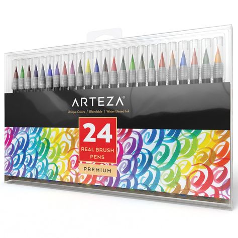 AmazonSmile: Arteza Real Brush Pens - 24-Colors - Water-Based Ink - (Set of 24): Arts, Crafts & Sewing Arteza Watercolor, Water Brush Pen, Watercolor Markers, Watercolor Brush Pen, Art Pens And Markers, Fineliner Pens, Art Supply Stores, Kids Art Supplies, Water Brush