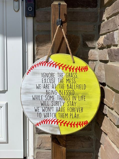 Softball Room Ideas, Softball Door Hanger, Softball Dugout, Cricut Office, Softball Room, Team Treats, Softball Sign, Softball Decorations, Busy Raising Ballers