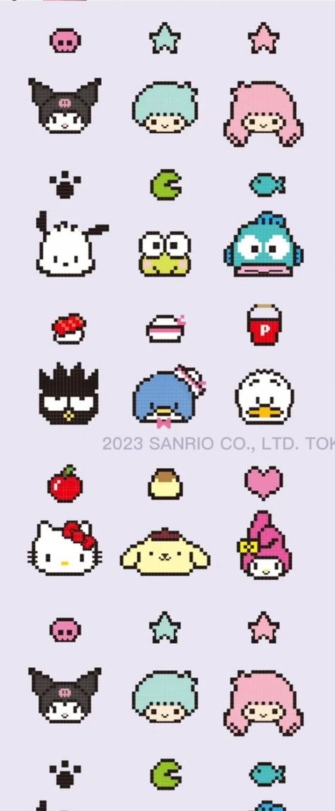 Credit : Common Era (小紅書) Pixel Art Sanrio Characters Easy, Sanrio Cross Stitch Pattern Free, Hangyodon Pixel Art, Pixel Art Sanrio Characters, Sanrio Cross Stitch, Pixel Art Sanrio, Tiny Pixel Art, Sanrio Pixel Art, Common Era