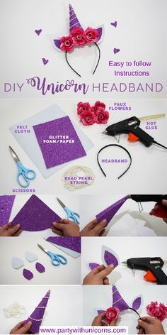 DIY Unicorn Headbands. Easy to follow step by step instructions to make your own Unicorn headbands. Diy Unicorn Headband, Wallpaper Unicorn, Unicorn Diy, Headband Diy, Diy Unicorn, Unicorn Crafts, Unicorn Costume, Unicorn Headband, Unicorn Theme