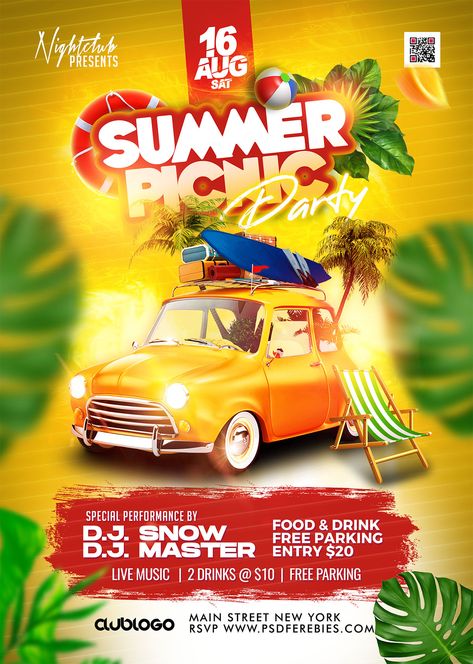 Introducing the eye-catching Free Summer Picnic Festival Party Flyer PSD Template, specifically designed to elevate your summer parties, beach events, and outdoor celebrations to new heights. Beach Party Background, Summer Flyer Background, Picnic Design Ideas, Beach Party Flyer Design, Beach Flyer Design, Summer Party Poster Design, Picnic Graphic Design, Summer Event Poster, Summer Design Poster