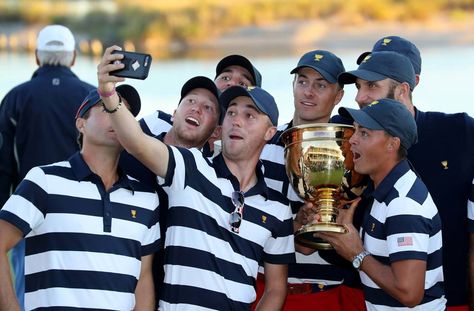 2017 Presidents Cup: Final Round - U.S. Squad Poses for Selfie Squad Poses, Presidents Cup, Rickie Fowler, Golf Travel, Justin Thomas, Jordan Spieth, Sports Highlights, Golf Trip, Golf Tournament