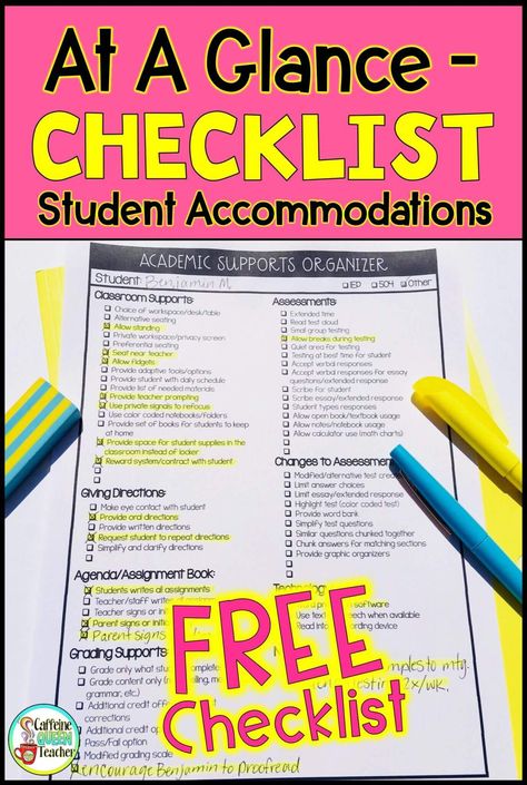 Grab this this FREE checklist to easily record accommodations, modifications, interventions, and supports for IEPs, 504s, and special education. Perfect for special education and general education teachers of all grade levels. Grab this special education IEP checklist for teachers to track each student's supports.  #student support #specialeducation #weteachsped #iteachsped #sped #elementary Iep Checklist, Special Education Accommodations, Iep Binder, Substitute Teacher Plans, Intervention Specialist, Classroom Planning, Sped Classroom, Behavior Therapy, Substitute Teaching