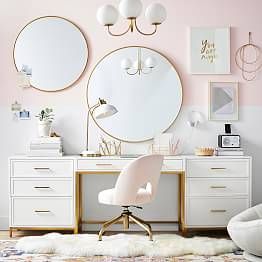 Small Room Makeover Ideas Bedroom, Vanity Ideas Bedroom Small Simple, Feminine Home Office Classy Chic, Modern Teen Room Girl, Teen Bedrooms Girls Ideas, Teen Farmhouse Bedroom Girl, Girls Bedroom Desk Ideas, Pottery Barn Teen Girl Bedroom, Pink White And Gold Bedroom