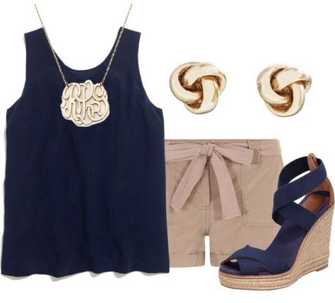 Navy Blue Tops Outfit, Tan Shorts Outfit, Tops Outfit, Tan Shorts, Shorts Outfit, April 2012, Green Top, Outfit Summer, Shoes And Accessories