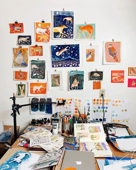 Art Desk Aesthetic, Art Manifesto, Saw Horses, Converted Garage, Drawing Desk, Modern Folk Art, Gouache Illustrations, Art Studio At Home, Gouache Art