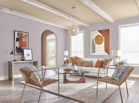 Get Cozy With Organic Modern Style | Tinted by Sherwin-Williams Light Purple Gray Paint, Gray And Terra Cotta Living Rooms, Light Purple Living Room Walls, Purple Gray Living Room, Light Purple Living Room, Purple And Gray Living Room, Purple Gray Paint, Terra Cotta Living Room, Trendy Paint Colors