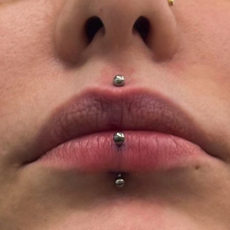 This medusa and vertical labret combo is the perfect choice for two for Tuesdays! Buy one piercing and get the second half off!☺️  Pierced by @alexpokes   Soho, Union Square, and Williamsburg  11AM-9PM 7 DAYS A/W🕘 WALK-INZ OR BOOK ONLINE..📕 TATTOOS & PIERCINGS, NO ATTITUDE, NO MISERABLE HOOPS TO JUMP THROUGH....🚫 WALK-INZ WELCOME OR BOOK ONLINE AT ⚔️livebytheswordtattoo.com⚔️ . . . . #livebythesword #medusapiercing #verticallabret #lippiercing #lippiercings Medusa And Vertical Labret Piercing, Piercing Medusa, Vertical Labret Piercing, Vertical Labret, Piercing Inspo, Medusa Piercing, Cool Piercings, Labret Piercing, Union Square