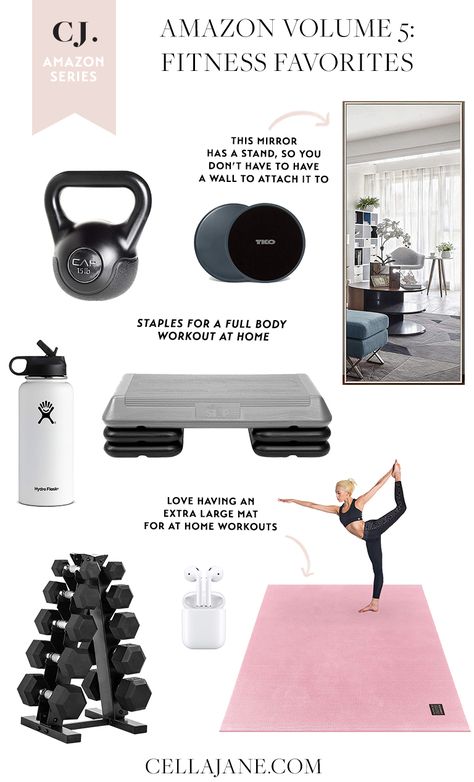 Amazon At Home Fitness Favorites | Cella Jane Small Home Gym With Weight Bench, Pretty Workout Room, Workout Mats Home Gyms, Weight Sets Equipment At Home, Home Gym Amazon, Pretty Home Gym, Home Gym Equipment Must Have, Home Gym Set Up, Home Gym Weights