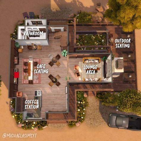 Outdoor Seating Cafe, Cafe Ideas Design, Library Floor Plan, Sims 4 Get Together, Cafe Floor Plan, Sims 4 Restaurant, Cafe Plan, Restaurant Layout, Sims 4 House