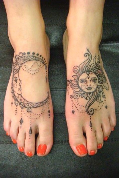 Foot Tattoo Ideas for Women - Mandala Lace Chandelier Sun & Crescent Moon Tattoo Ideas for Women - ideas de tatuajes de pies para mujeres - www.MyBodiArt.com #tattoos Sun And Moon Tattoos, Tattoo Sonne, Places To Get Tattoos, Tattoo Foot, Moon Tattoos, Foot Tattoos For Women, Muster Tattoos, Moon Tattoo Designs, Sun Tattoos