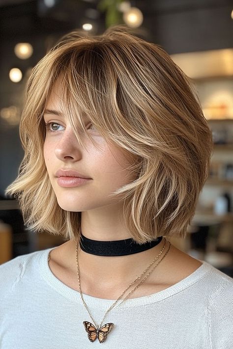 Textured Blonde Bob with Feathered Layers Bob Haircuts Layered, 90s Layered Bob, Bouncy Bob, Haircuts Layered, Feathered Layers, Feathered Bob, Brunette Bob, Layered Bob Haircuts, Wavy Lob