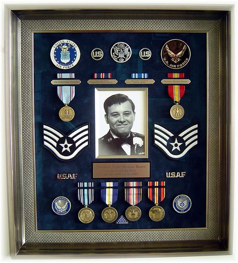 I did this shadow box to honor the memory of my late brother Jim. He served 6 years in the Air Force before he passed away in 1975. Military Frames, Shadowbox Ideas, Shadow Box Ideas, Military Shadow Box, Baby Shadow Box, Military Retirement Gift, Wedding Shadow Box, Diy Shadow Box, Military Memorabilia