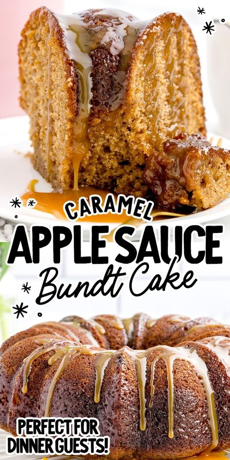 This mouth-watering applesauce bundt cake is deliciously spiced and has a perfectly moist texture. The delightful cake is made with tart applesauce and drizzled with a sweet caramel glaze that is the perfect way to enjoy the flavor of apples all year long. #ad @musselmansapple #PickMusselmans #FamilyFarms Applesauce Bundt Cake, Applesauce Bundt Cake Recipe, Buns Recipe Easy, Applesauce Cake Recipe, Apple Bundt Cake, Applesauce Cake, Caramel Glaze, Fruit Dessert Recipes, Pecan Cake