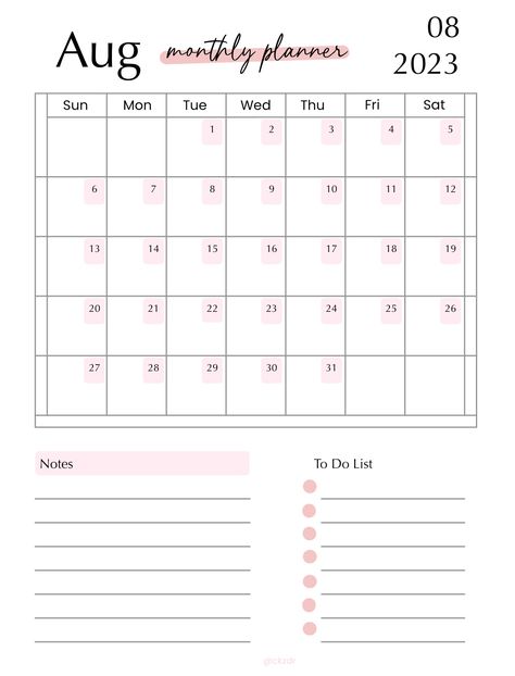 August 2023 Monthly Simple Planner - Notability Gallery August Month, Pink Planner, Simple Planner, Monthly Planner, To Do List