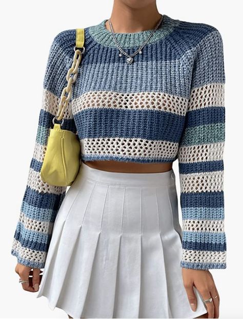 Cute Striped Color Block Knit Aesthetic Sweaters, Crop Pullover, Crop Top Pattern, Cropped Pullover, Sweater Layering, Crochet Inspo, Crochet Blouse, Crochet Crop Top, Crochet Stuff