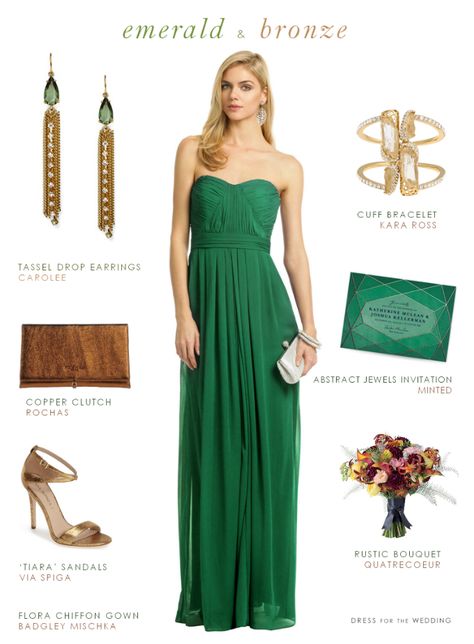 Emerald green gown with bronze accessories Emerald Green Gown, Emerald Green Dress, Sparkly Prom Dress, Green Formal Dresses, Dress For A Wedding, Below The Knee Dresses, Emerald Dresses, Dark Green Dress, Strapless Prom Dress