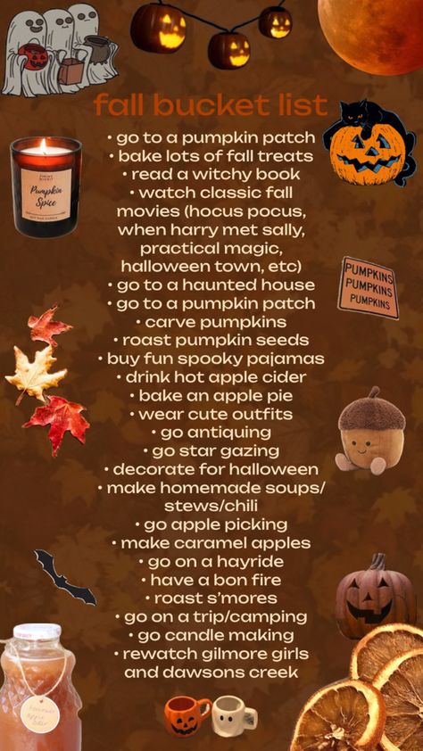 a bucket list for fun fall activities Halloween Things To Do, Fall Goals, Halloween Bucket List, Halloween Sleepover, Fall Planning, Fall Dates, Fall Mood Board, Fun Fall Activities, The Boogeyman