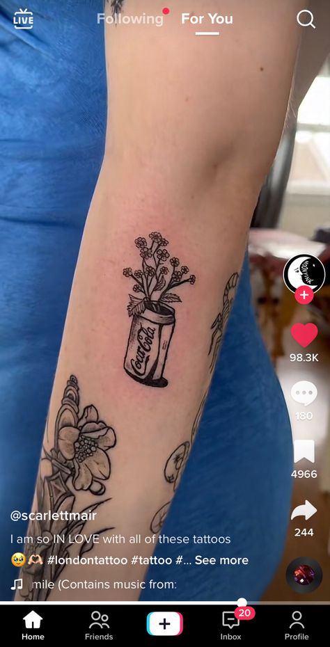 Coca Cola Tattoo, Cola Tattoo, Beer Tattoos, Food Tattoos, Mouthwatering Food, Bottle Tattoo, Western Tattoos, Cute Tiny Tattoos, Tattoo Feminina