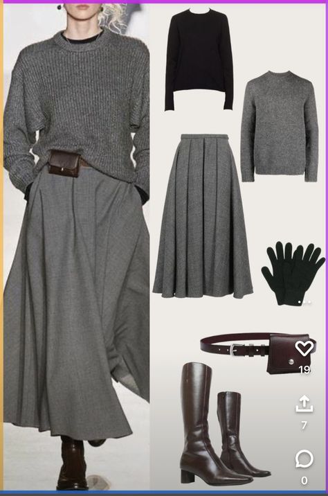 Winter Skirt Boots Outfit, Grey Midi Skirt Outfit Winter, Midi Grey Skirt Outfit, Styling A Midi Skirt In Winter, Grey Outfit Combination, Gray Midi Skirt Outfit, Midi Skirt Boots Outfit, Long Gray Skirt Outfit, Grey Skirt Outfit Winter