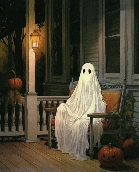 Trick Or Treaters, Halloween Artwork, Autumn Scenes, Season Of The Witch, Halloween Images, The Porch, A Ghost, Trick Or Treater, Halloween Pictures