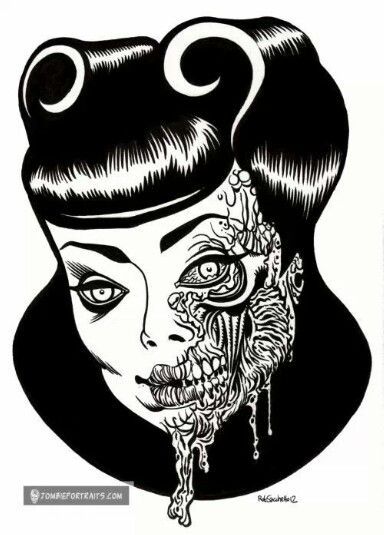 Pin Up Drawings Tattoo, Drawings Tattoo Ideas, Zombie Pin Up Girl, Up Drawings, Zombie Pin Up, Zombie Tattoos, Rockabilly Art, Pin Up Drawings, Derby Girl